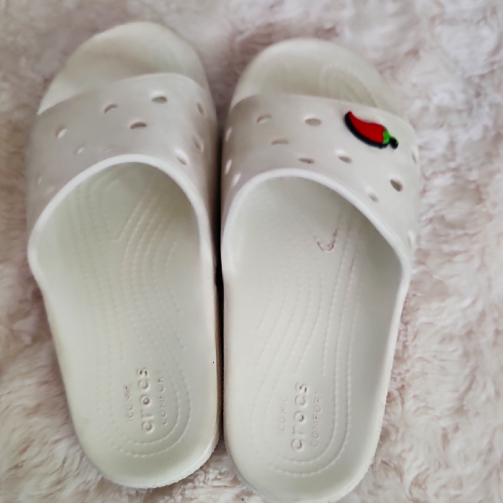 CROCS White Slides with Chili Pepper Accent